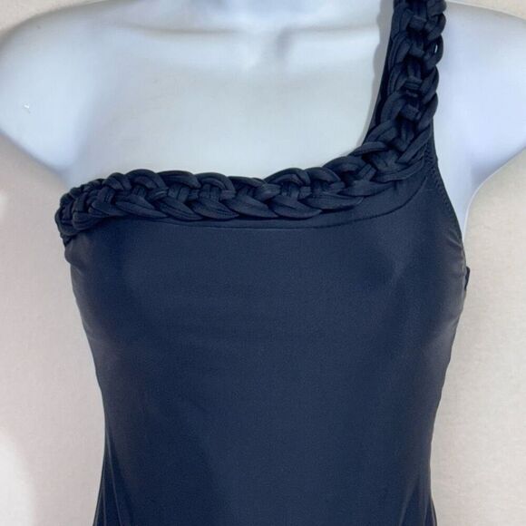 S-Mode Womens Braided Trim One Shoulder One Piece Swimsuit Black Small - Picture 2 of 5